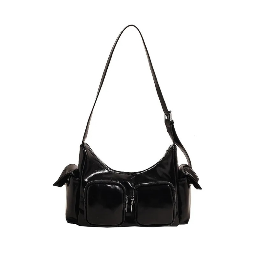 Black Patent Shoulder Bag with Front Pockets - Picture 2 of 4